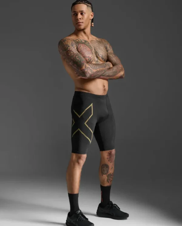 Hot 2XU Light Speed Compression Shorts Black/Gold Reflective